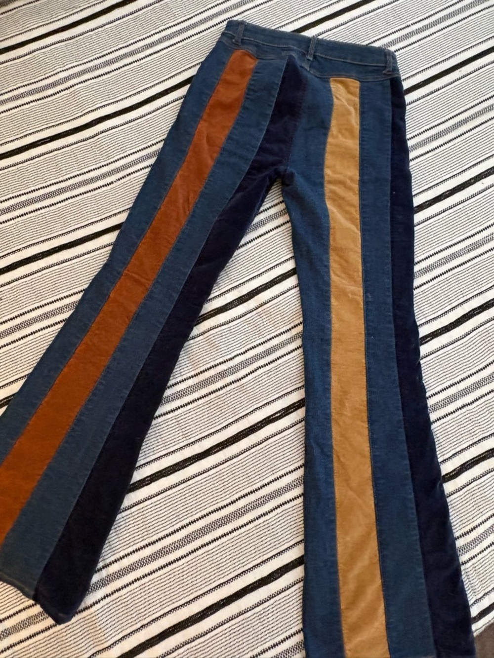 Altar'd State Blue Denim Flare Jeans with Brown & Tan Stripes